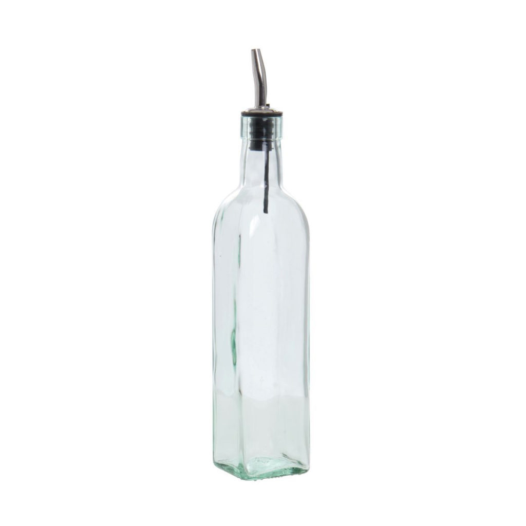 An empty olive oil bottle with a metal pourer.