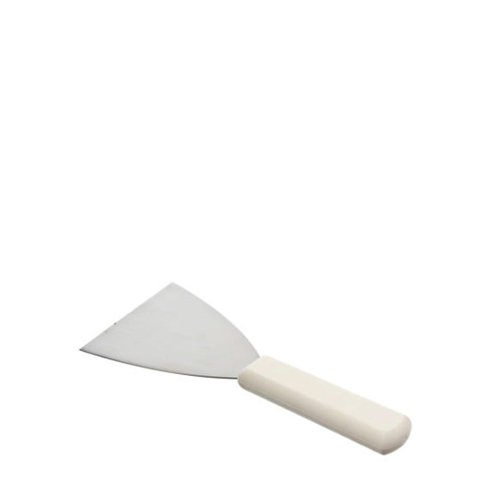A grill scraper with a plastic handle.